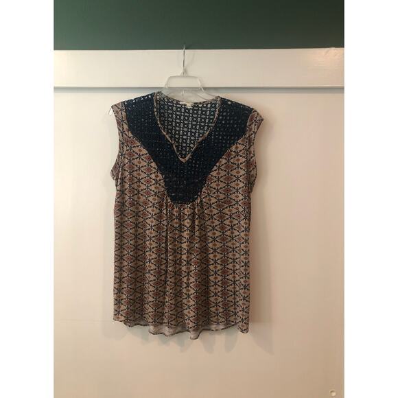 EUC Anthropologie Meadow Rue Lace Crochet Sleeveless Top Tunic Tan Navy Boho - Picture 4 of 10